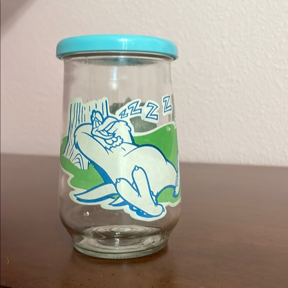 Vintage Looney Tunes Cartoon Character Welch’s Jelly Jar with Blue Lid